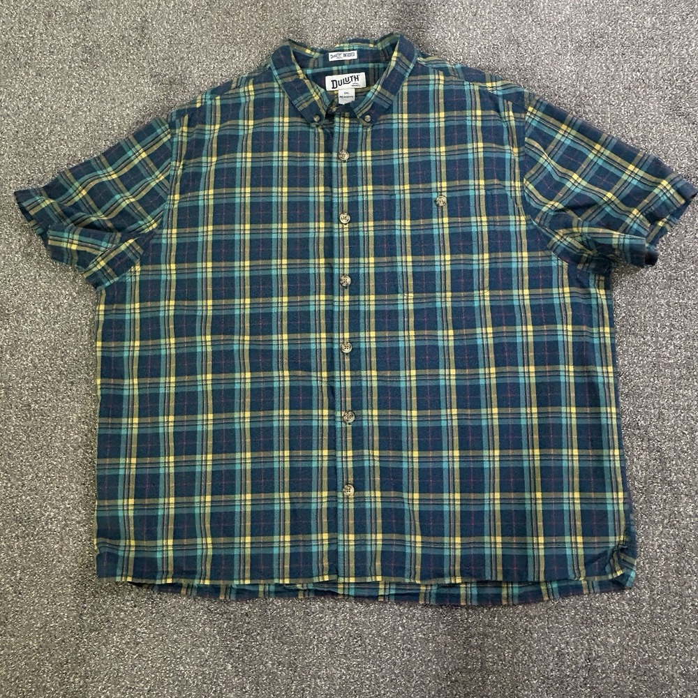 Duluth Trading Co Men's 2XL Relaxed Fit Untucked Plaid Button Down Shirt Blue